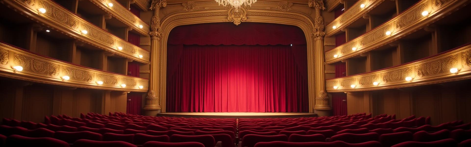 En vacker scen i en gammal operahus, med sammetsklädda säten och gyllene detaljer, redo för en föreställning.
